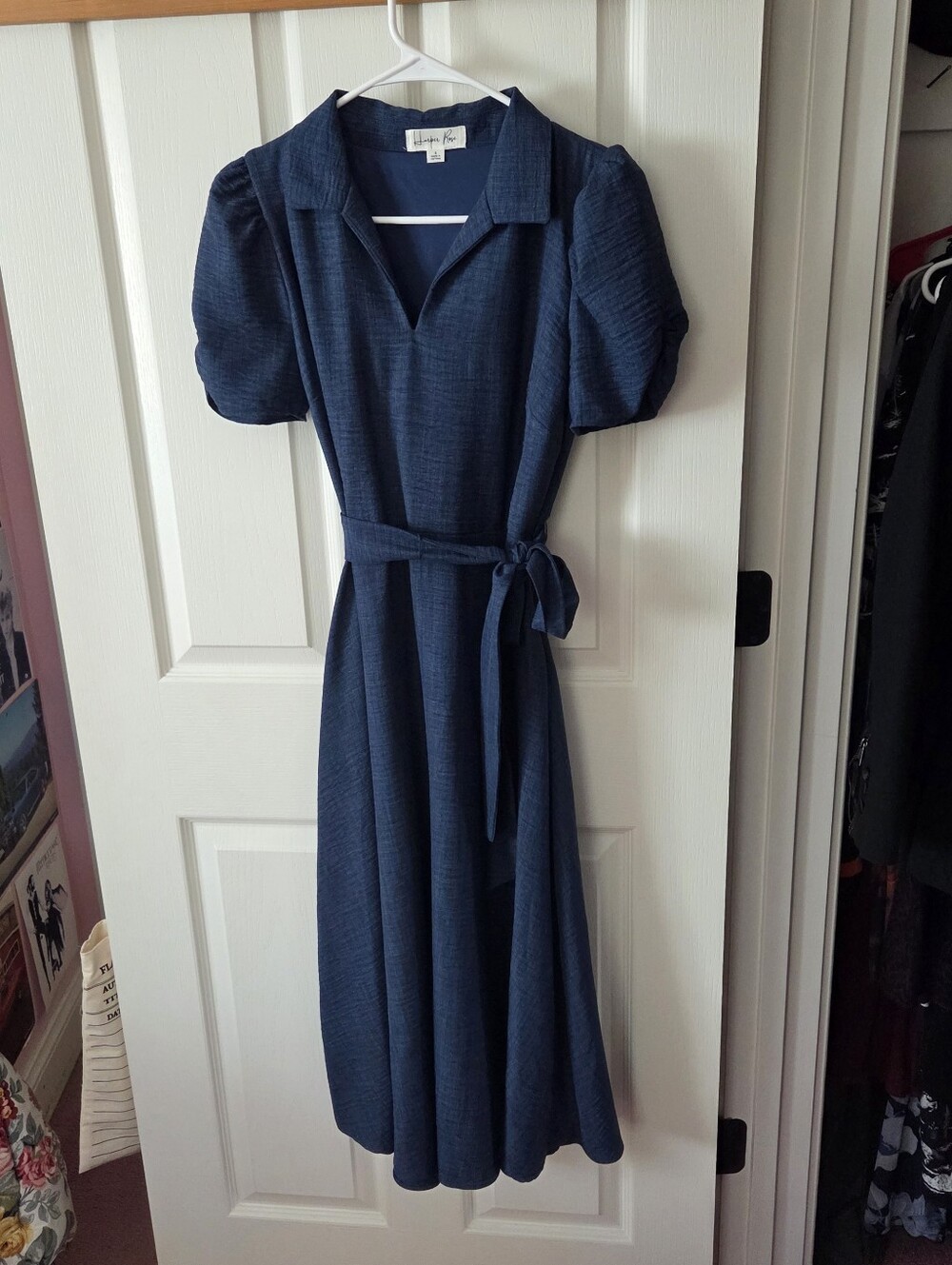 Harper Rose Navy Puff Sleeve Midi Dress with Tie